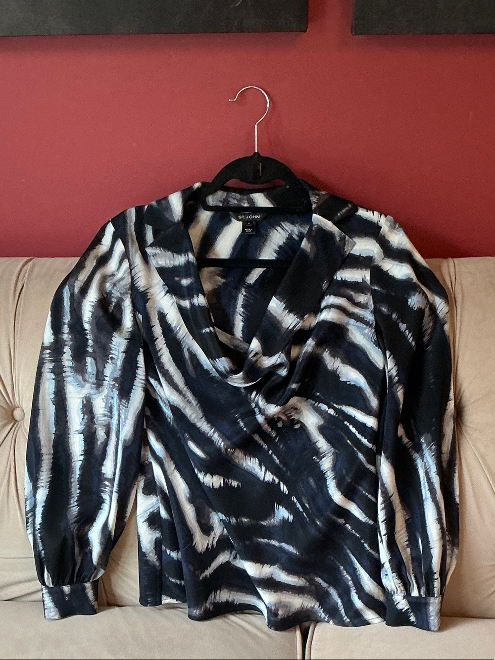 St. John Silk Cowl Neck Blouse, side zip, black blue grey